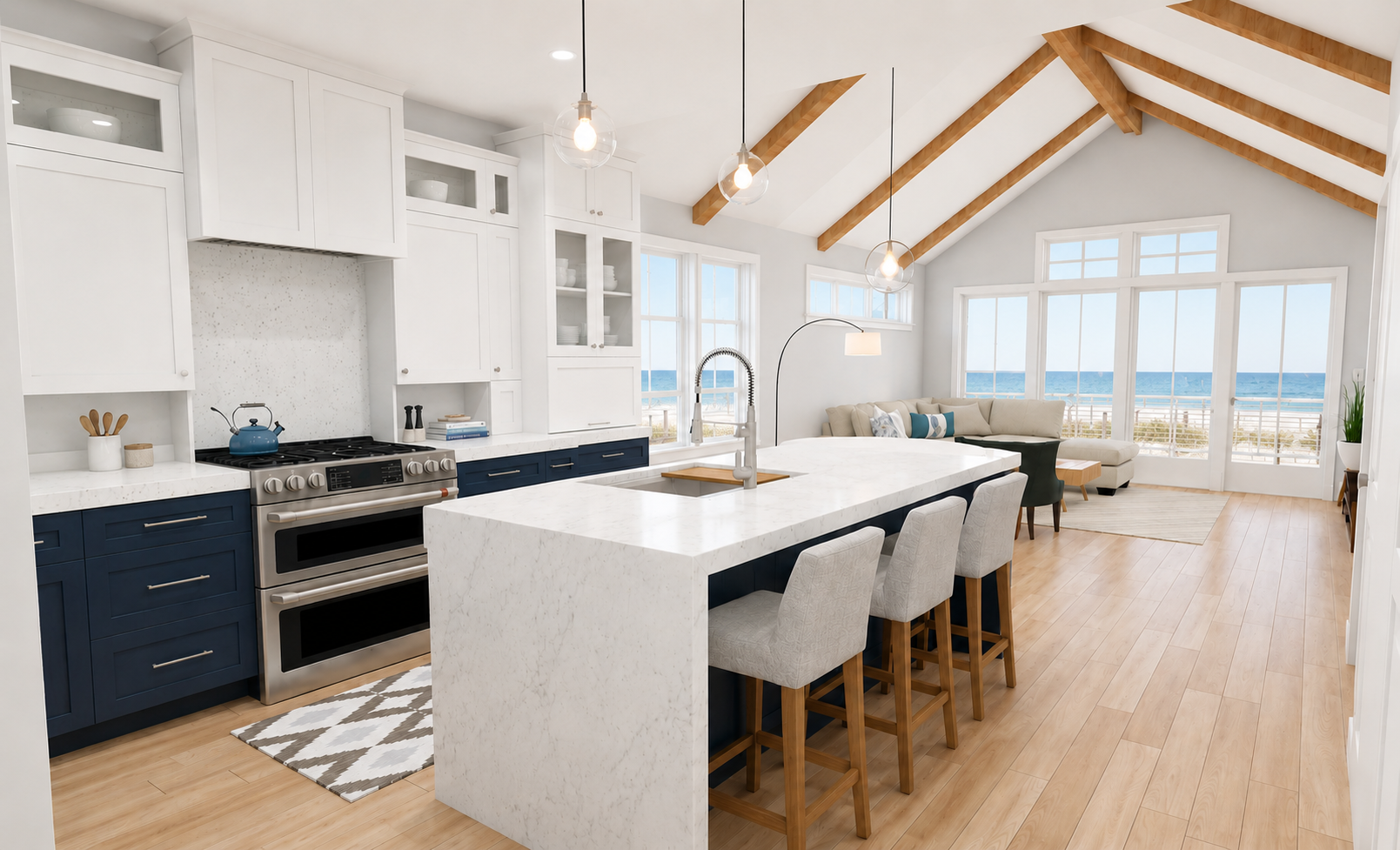 Close-up of the gourmet kitchen in the Palmetto Beach Hut, highlighting the quartz-topped island, navy blue cabinetry, and open sightlines to the vaulted living area and coastal views.
