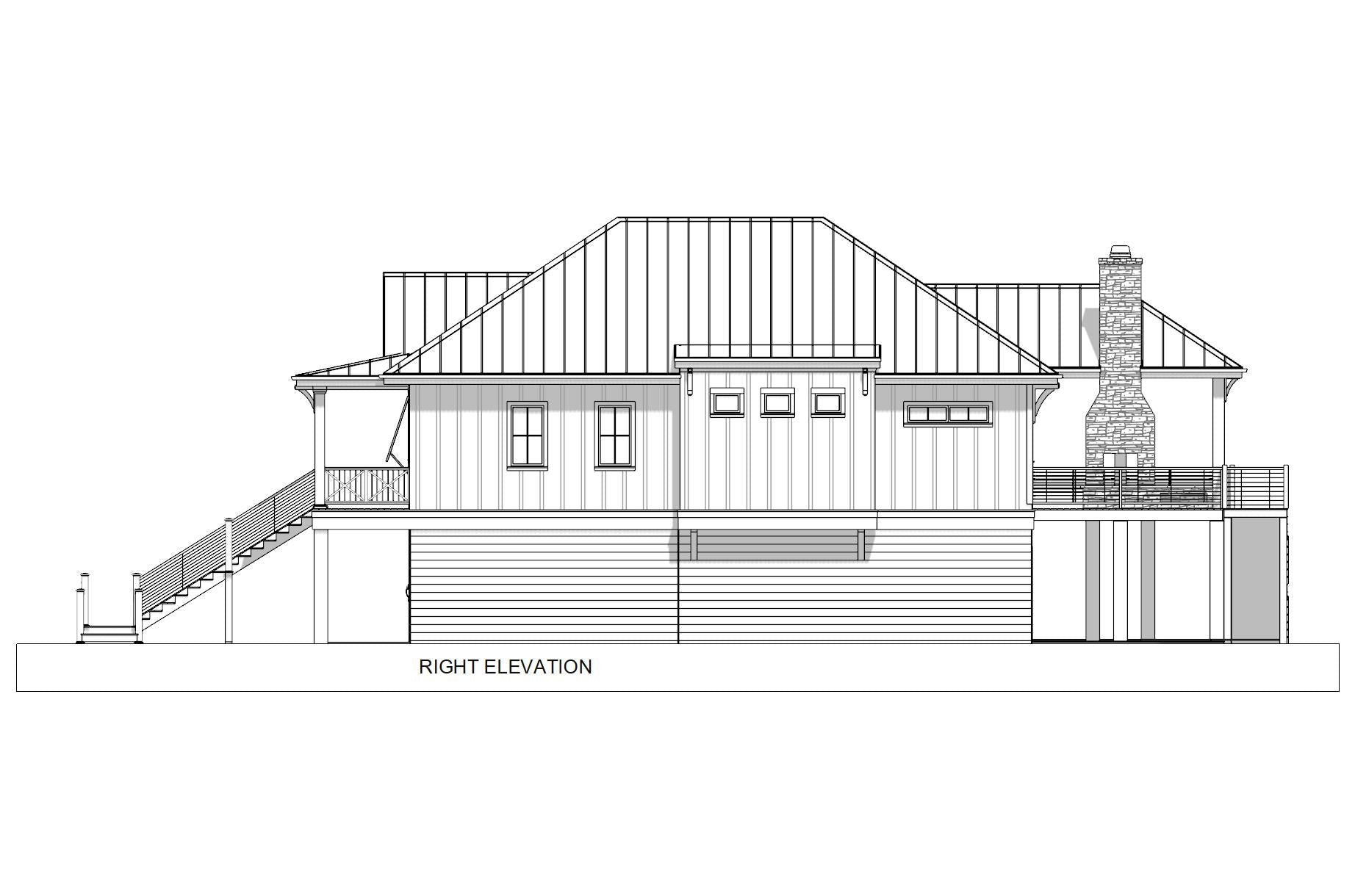 Right elevation technical drawing of the Palmetto Beach Hut, showing the architectural roof pitch, chimney placement, and exterior siding details of the elevated coastal design.