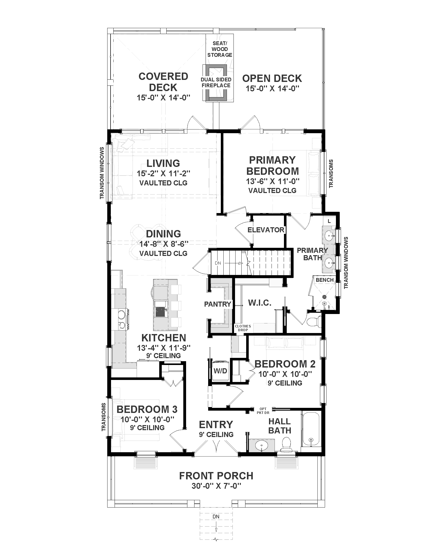 Detailed first floor plan of the Palmetto Beach Hut, showing the open-concept kitchen, dining, and living areas with vaulted ceilings, the primary bedroom suite, and a large covered rear deck.

