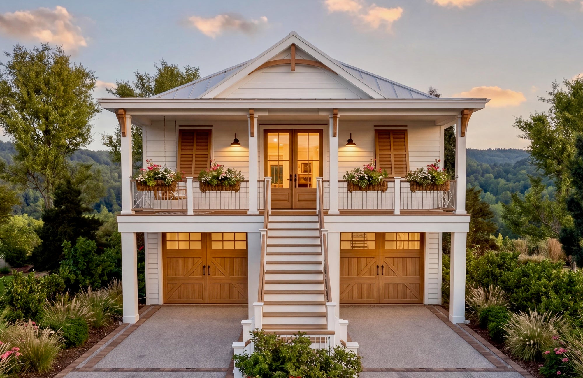 Front exterior view of the Palmetto Beach Hut, a two-story modern elevated coastal cottage with a drive-under garage, covered porch, and balcony.