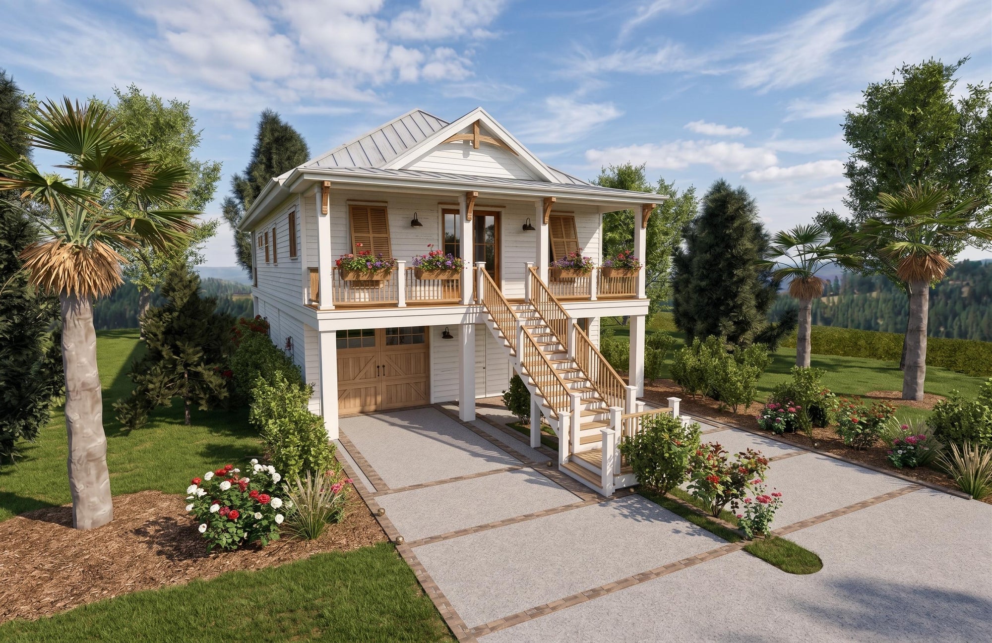 Front left exterior perspective of the Palmetto Beach Hut, a two-story modern elevated coastal cottage featuring a drive-under garage, expansive wrap-around porch, and grand exterior staircase design.