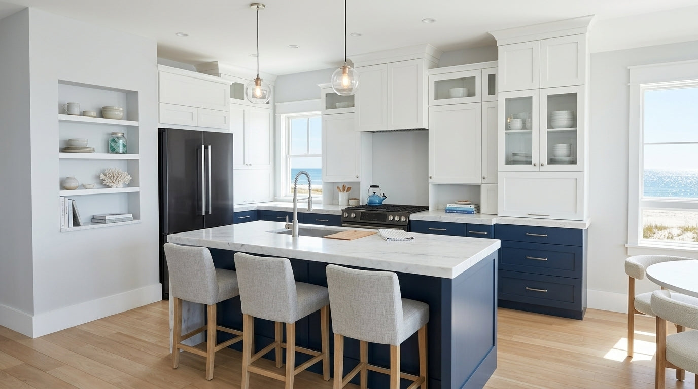 Modern gourmet kitchen in the Palmetto Beach Hut, featuring white shaker cabinetry, navy blue island with seating, stainless steel appliances, and quartz countertops in a bright, open-concept layout.