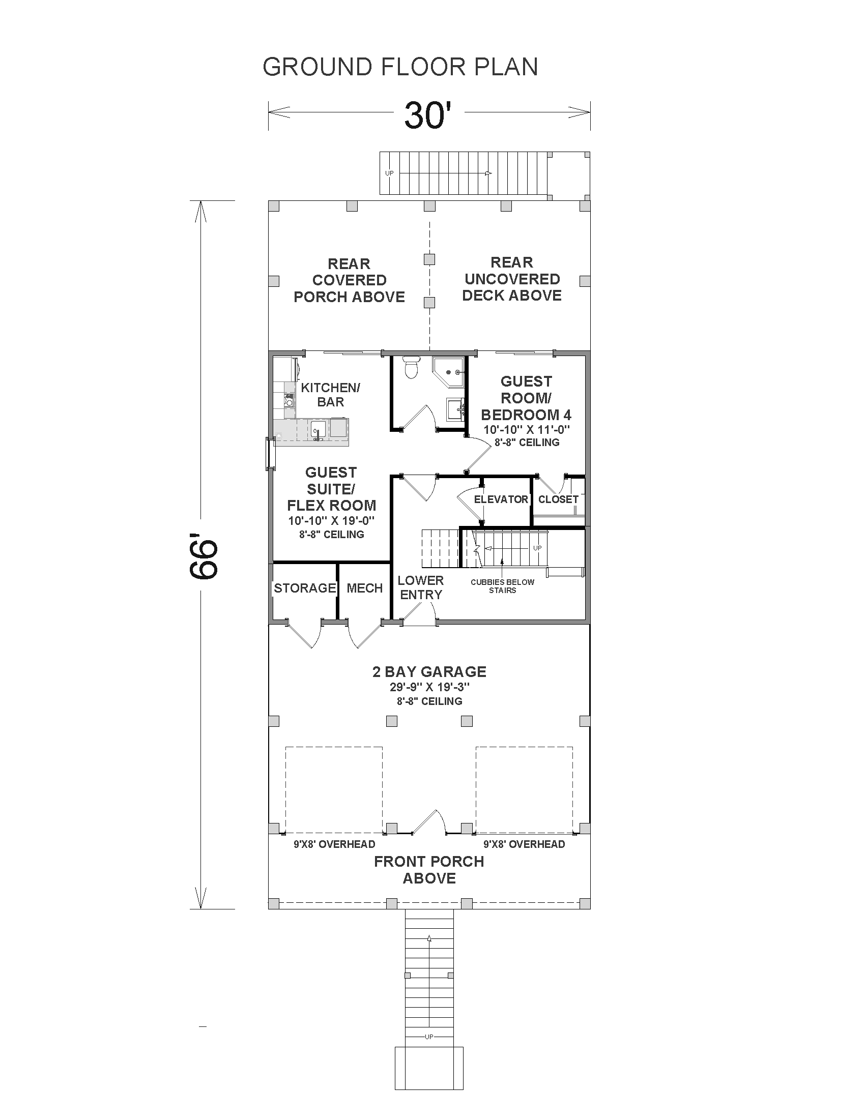 Floor plan of the Palmetto Beach Hut ground level, featuring a two-car drive-under garage, lower-level guest suite, and rear patio access.
