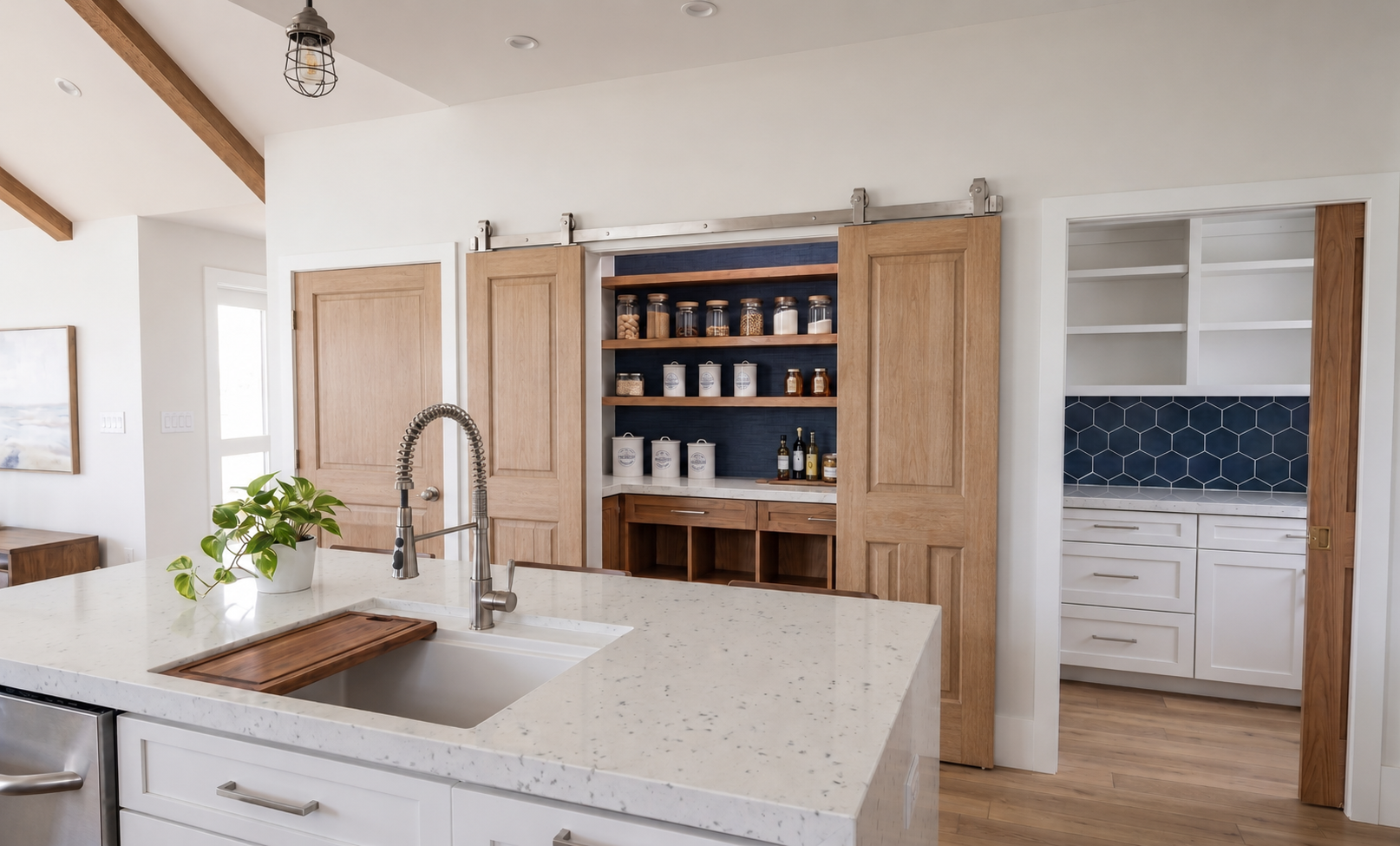 Convenient walk-in kitchen pantry in the Palmetto Beach Hut, featuring custom shelving, ample dry-good storage, and elegant sliding barn doors that seamlessly blend with the home's coastal interior design.