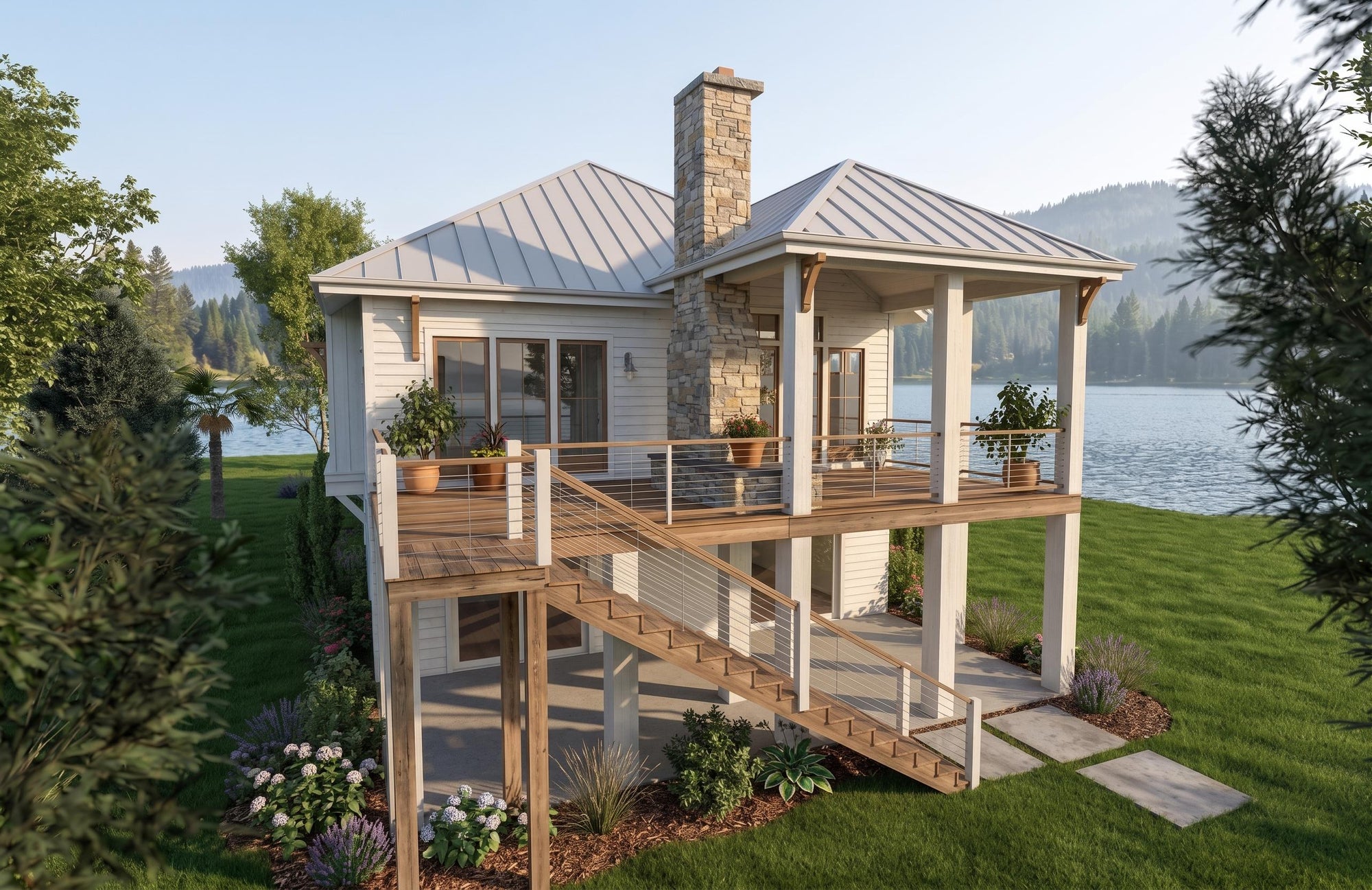 Rear exterior view of the Palmetto Beach Hut, a modern coastal cottage featuring a multi-level deck, a dual-sided outdoor fireplace, and private patio access from the lower-level guest suite.