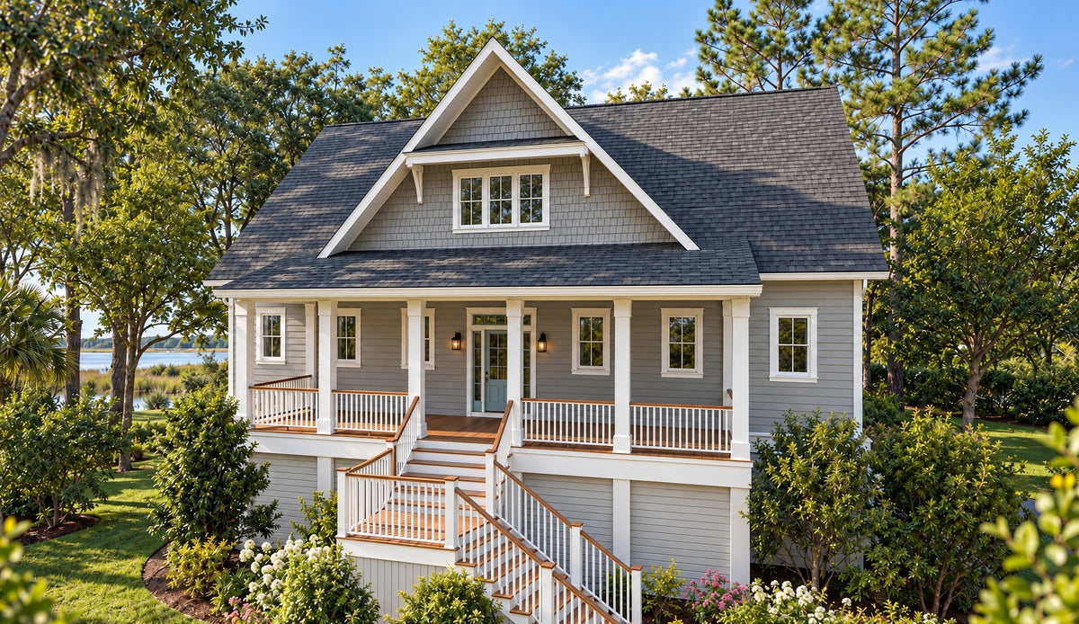 Front view of The Curtis in daylight, an elevated coastal waterfront house with gray lap siding, a shingled gable dormer, a covered porch across the front, and a stair up from grade