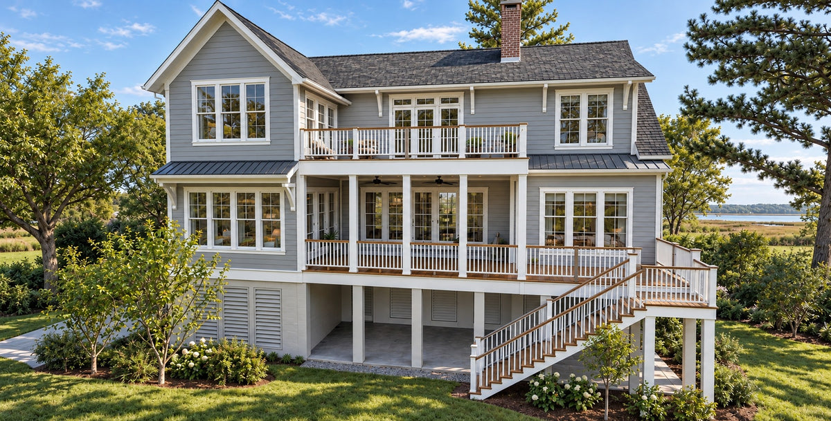 Rear view of The Curtis in daylight, showing the covered porch and deck on the main floor, the balcony above, the chimney, and the stair down to the open ground level