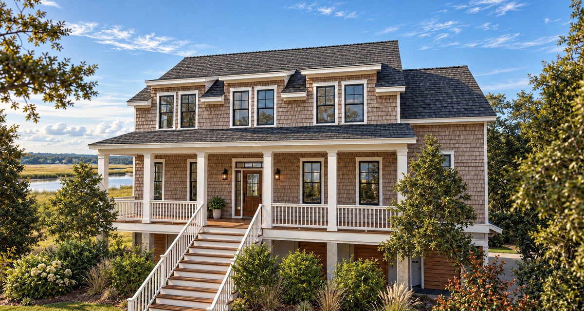 Front view of The Wren in daylight, a cedar shingle coastal house with a dark asphalt shingle roof, dormers across the upper floor, a full width covered porch with white railings, and a front stair up from grade