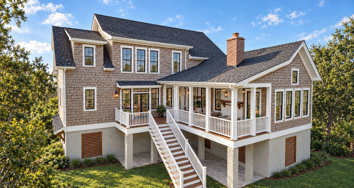 Rear view of The Wren in daylight, showing the screened porch and open deck, the chimney, and the stair down to the ground level