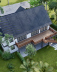Aerial rear view of The Ellie house plan, showing the full-width deck, standing seam metal roof, and lower-level patio.