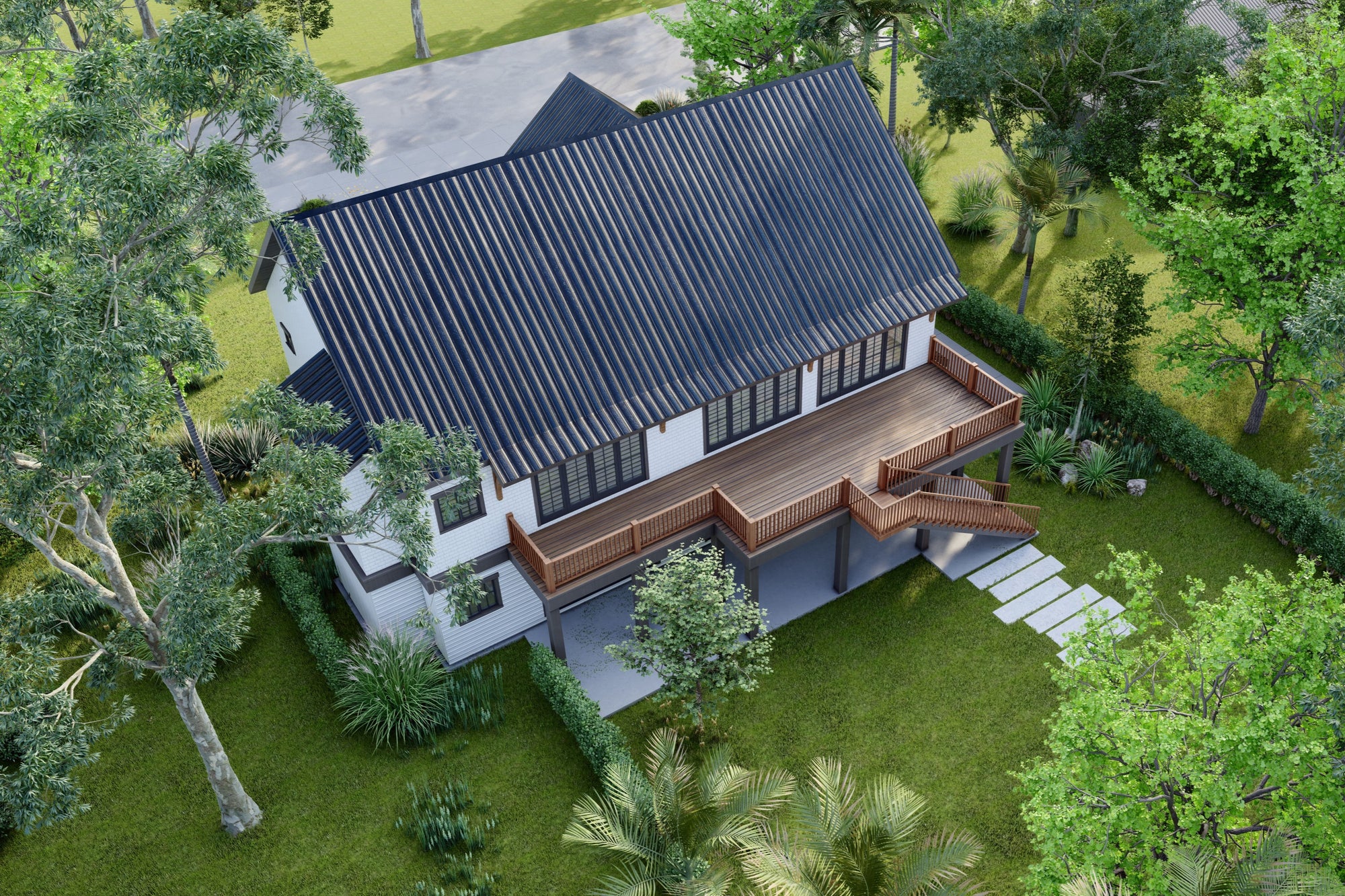 Aerial rear view of The Ellie house plan, showing the full-width deck, standing seam metal roof, and lower-level patio.