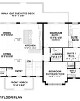 Main floor plan of The Ellie, showing the vaulted living, dining and kitchen, two bedroom suites with private baths, laundry, powder room, and 45-foot walk-out deck.