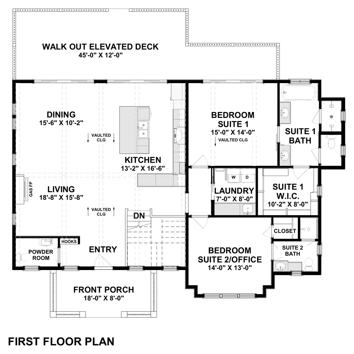 Main floor plan of The Ellie, showing the vaulted living, dining and kitchen, two bedroom suites with private baths, laundry, powder room, and 45-foot walk-out deck.