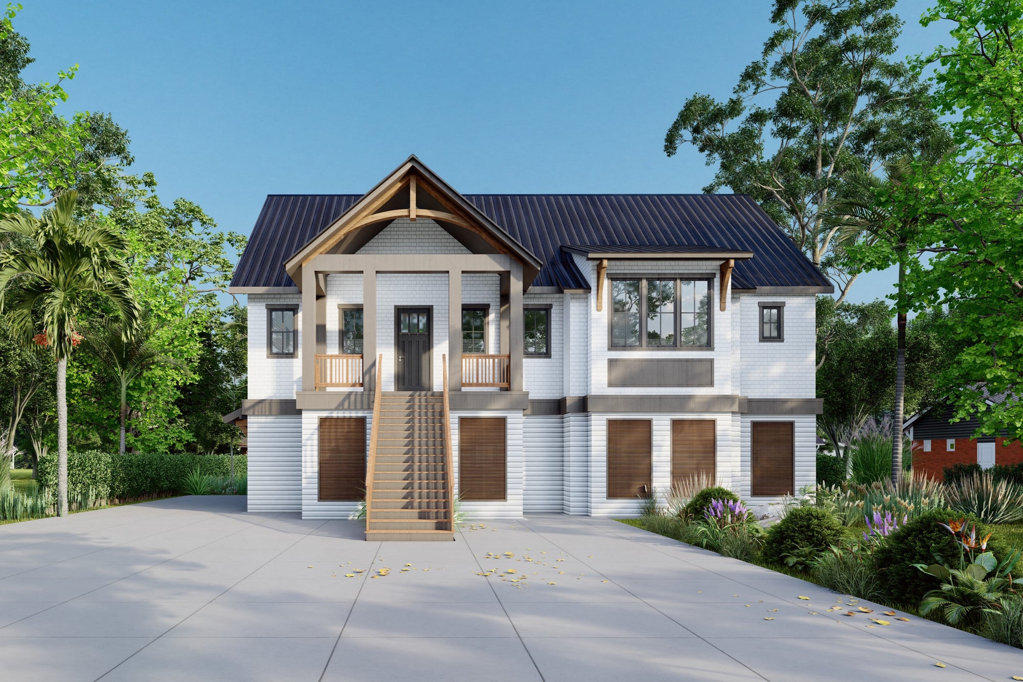 Front exterior of The Ellie, an elevated coastal craftsman house plan