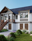 Front left perspective of The Ellie elevated coastal craftsman house plan, showing the covered front porch, exterior staircase, and white shingle siding.