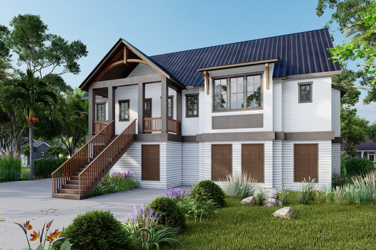 Front left perspective of The Ellie elevated coastal craftsman house plan, showing the covered front porch, exterior staircase, and white shingle siding.