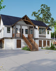Front right perspective of The Ellie house plan, showing the steep 10:12 standing seam metal roof, timber gable brackets, and two-car drive-under garage.