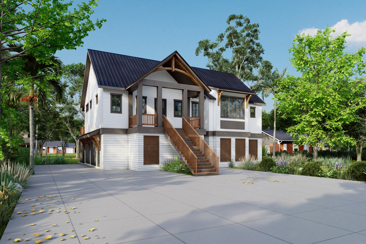 Front right perspective of The Ellie house plan, showing the steep 10:12 standing seam metal roof, timber gable brackets, and two-car drive-under garage.
