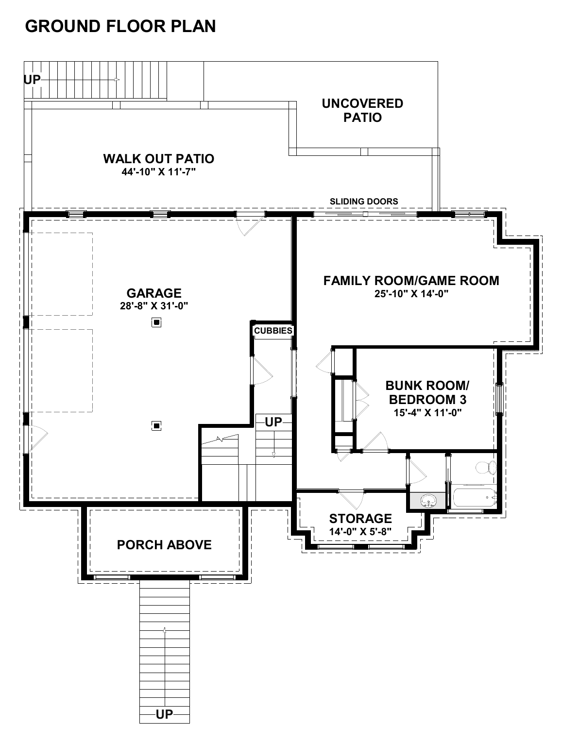 Optional lower level plan of The Ellie, showing the 790 sq ft drive-under garage, family and game room, bunk room with full bath, storage room, and walk-out patio.