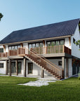 Rear exterior of The Ellie house plan, showing the 45-foot walk-out deck above the lower-level covered patio and sliding doors.