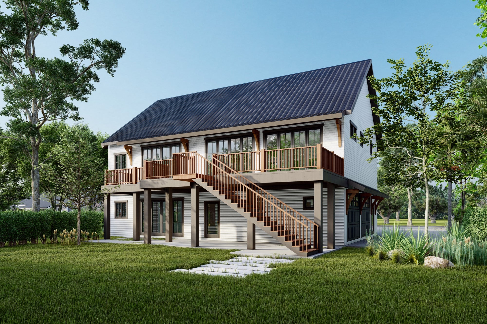 Rear exterior of The Ellie house plan, showing the 45-foot walk-out deck above the lower-level covered patio and sliding doors.