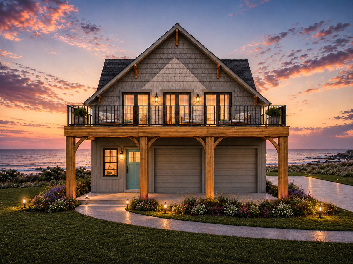 Front exterior view of Tilbury Lane, a 1,585 sq ft elevated coastal carriage house plan with shingle siding, timber brackets and a covered balcony beneath a steep 10:12 gable roof.