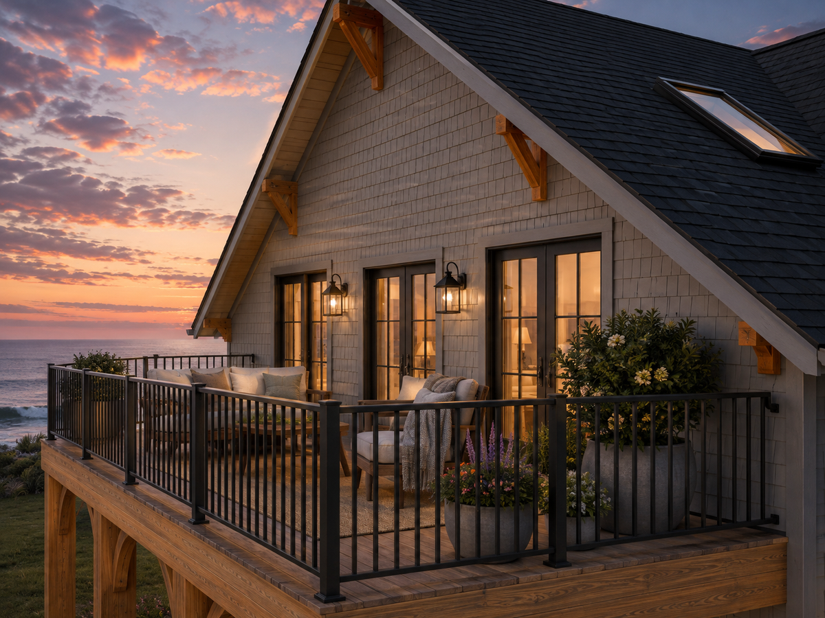 Front deck at Tilbury Lane at dusk, with metal railing, seating and the glass sliders serving the living space and primary suite.