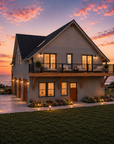 Rear exterior view of Tilbury Lane at dusk, showing the 53-foot depth of the plan, the upper-floor deck and the side elevation with two garage doors and a third door into the flex bay.