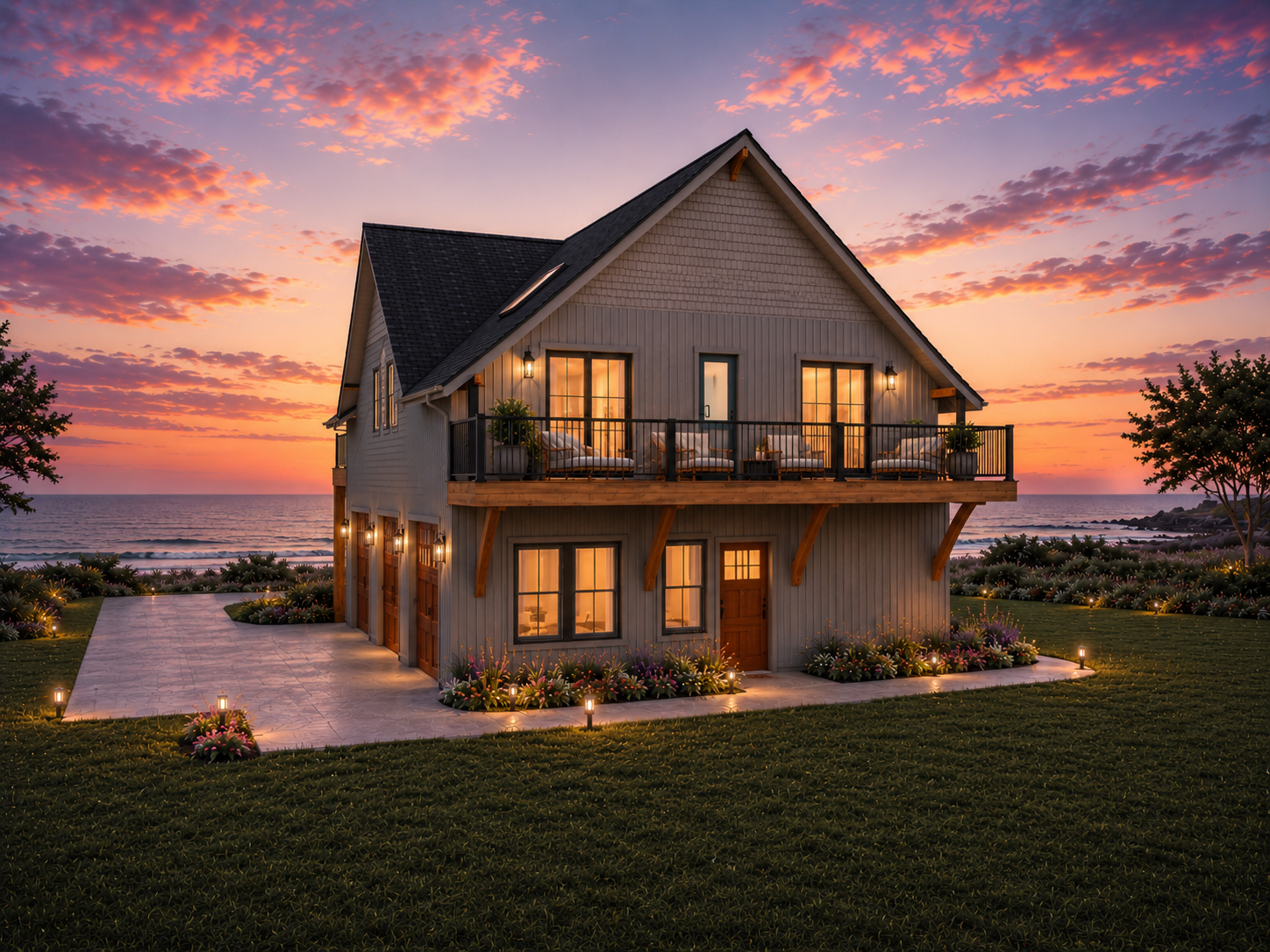 Rear exterior view of Tilbury Lane at dusk, showing the 53-foot depth of the plan, the upper-floor deck and the side elevation with two garage doors and a third door into the flex bay.