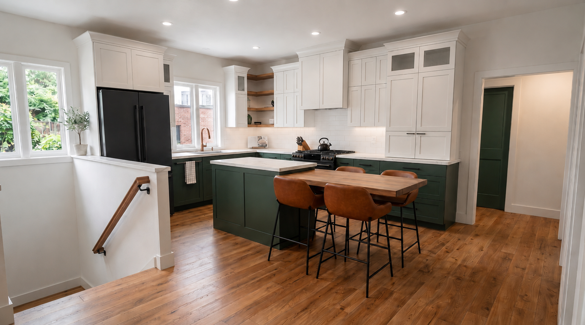 Kitchen in a built Tilbury Lane, with the 18-foot eat-in island seating four, green base cabinets, white uppers and the open stair beyond.