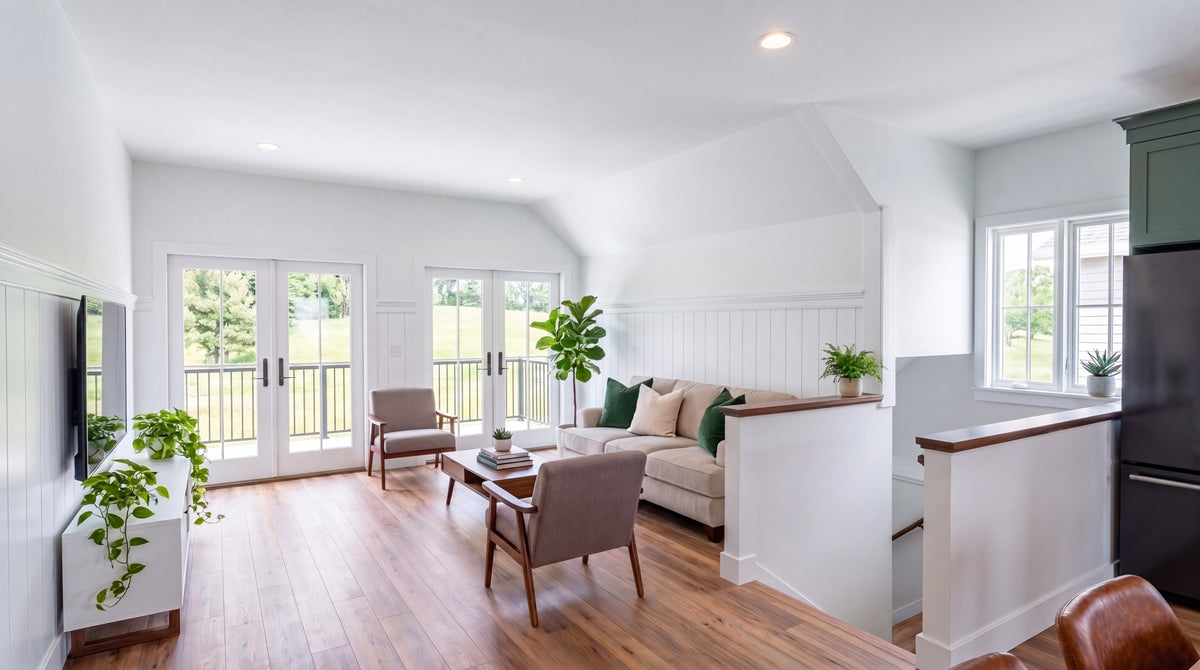 Living room in a built Tilbury Lane, with vaulted ceiling, half-wall stair rail and glass sliders opening onto the 31-foot deck.
