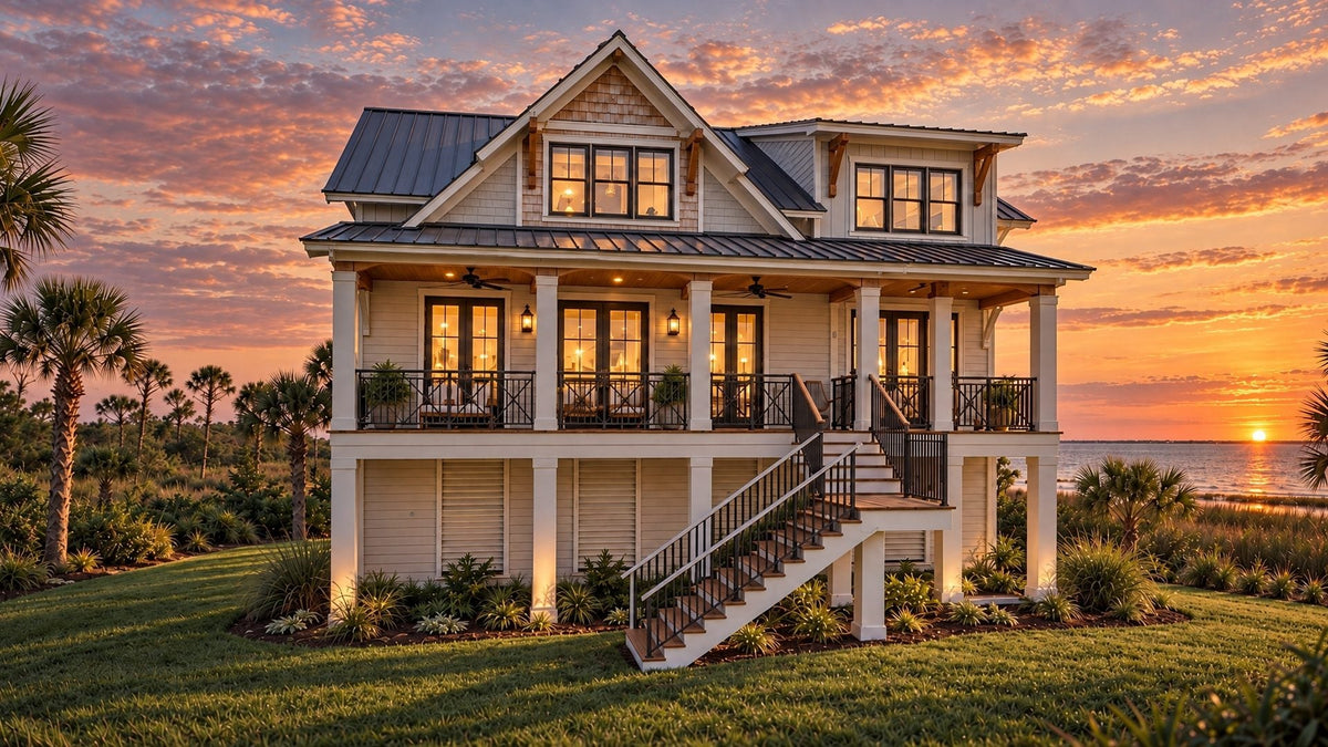 Islabella video tour: the elevated coastal house at golden hour from the front and the water side, the living and dining room, the kitchen and the first floor plan