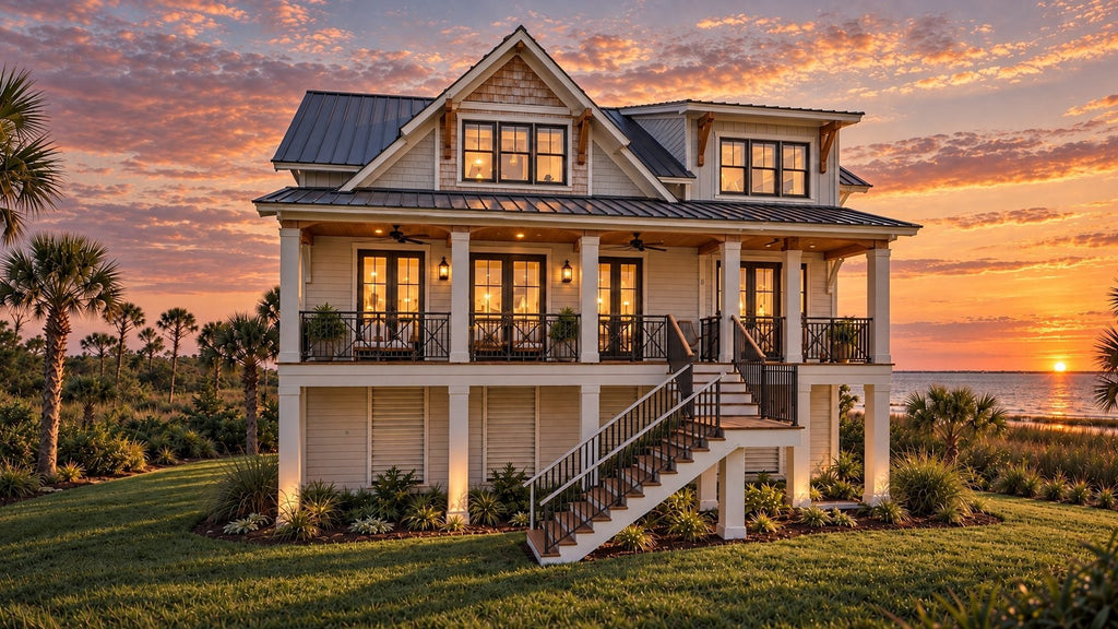 Islabella video tour: the elevated coastal house at golden hour from the front and the water side, the living and dining room, the kitchen and the first floor plan