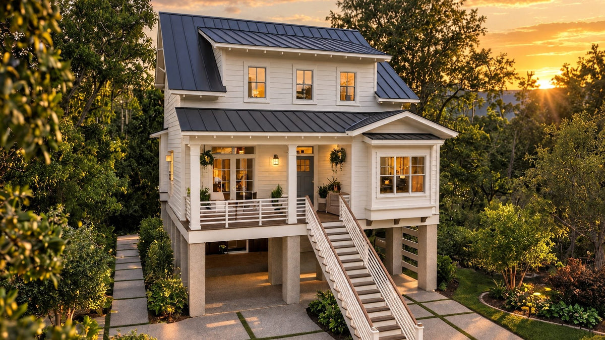 The Macy video tour: the elevated coastal house at golden hour from the front, front right and rear, then the first and second floor plans