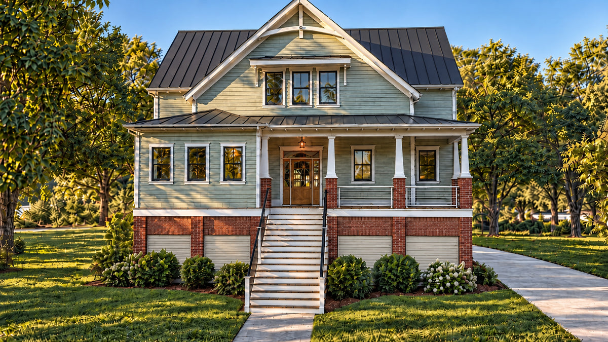 The Lowell Front Exterior with Wraparound Porch | 3,125 Sq Ft Elevated Low Country House Plan