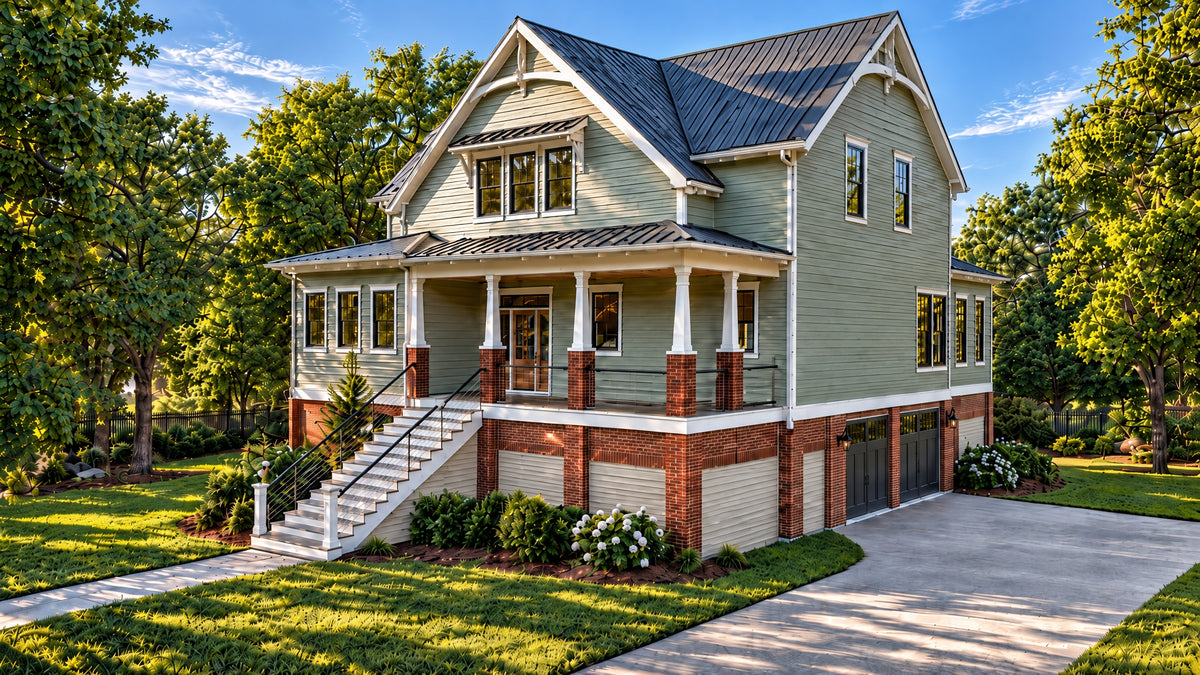 The Lowell Front Three-Quarter View with Drive-Under Garage | 3,125 Sq Ft Elevated Low Country House Plan