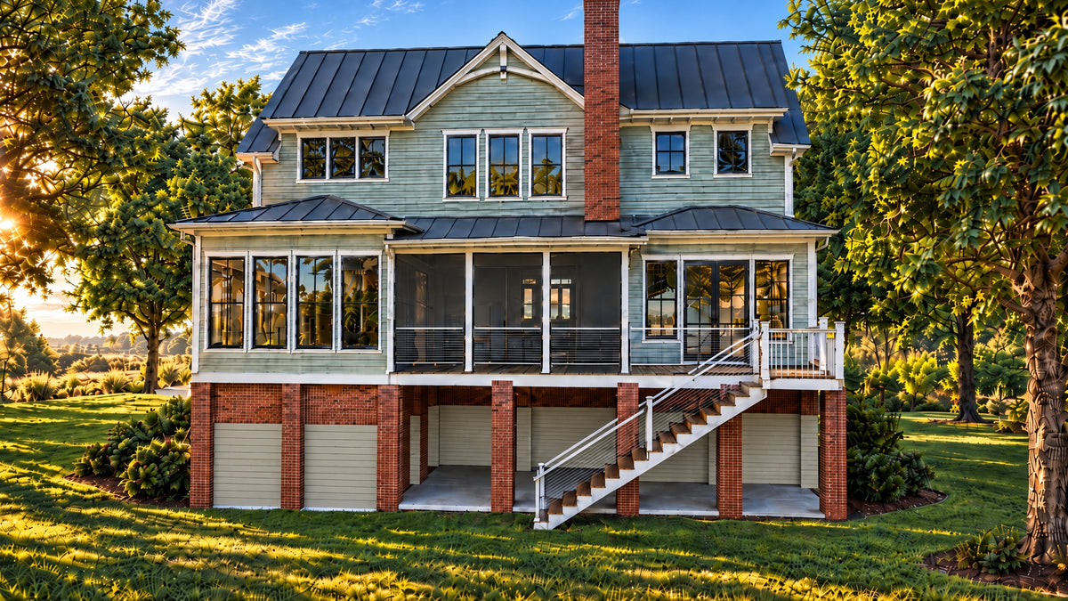 The Lowell Rear Exterior with Screened Porch and Deck | 3,125 Sq Ft Elevated Low Country House Plan