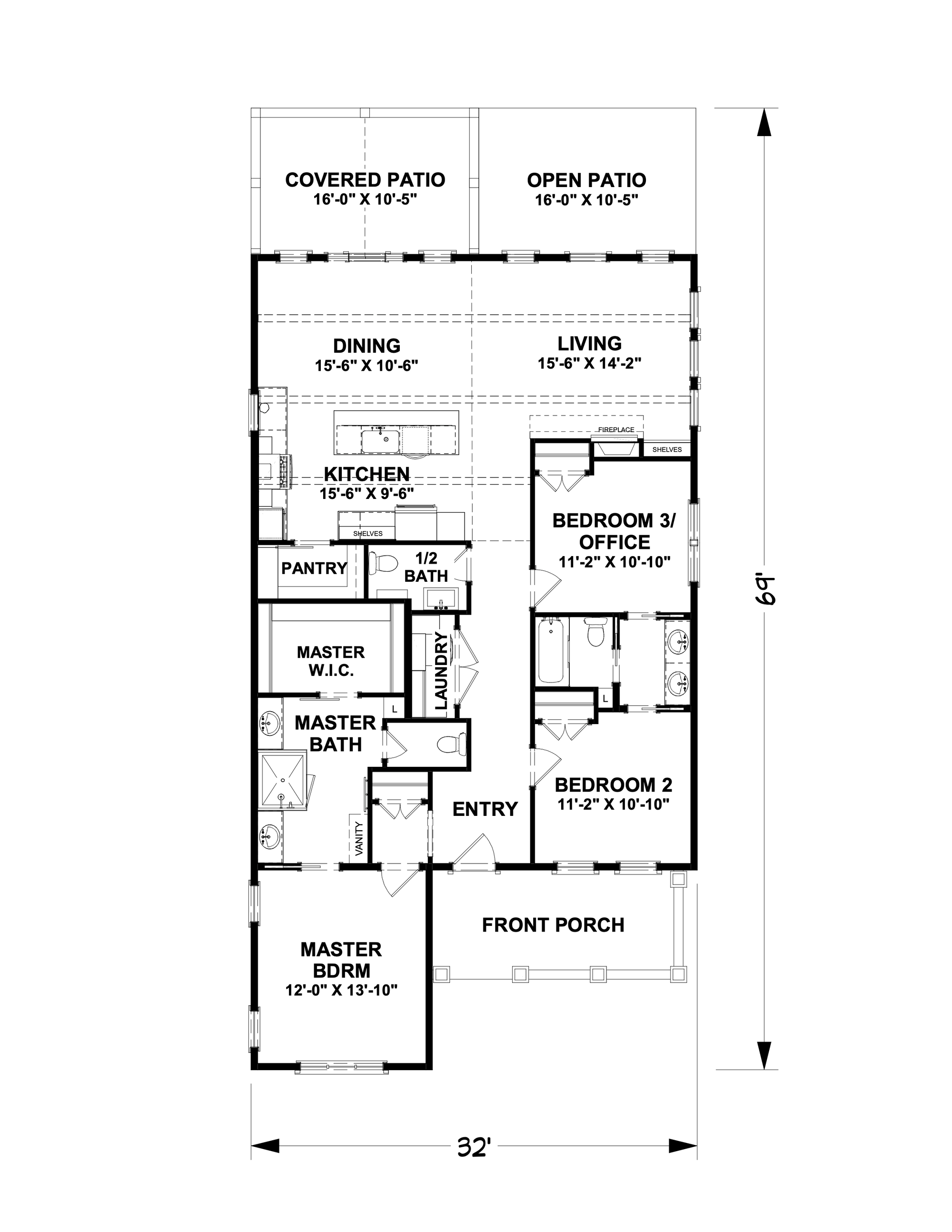 The Wave II - 1,599 Sq Ft Coastal Cottage Floor Plan - 2 Bedroom 2.5 Bath Single-Story - Intertwine House Plans
