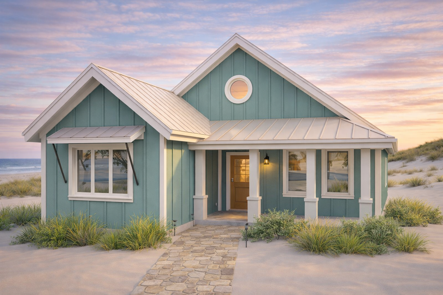 The Wave II - Coastal Cottage House Plan - Sunset Front Exterior View - Intertwine House Plans
